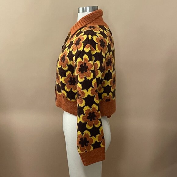 ZARA Daisy Flower 70's Vibe Brown & yellow Collar Knit Cardigan Sweater - Picture 3 of 7